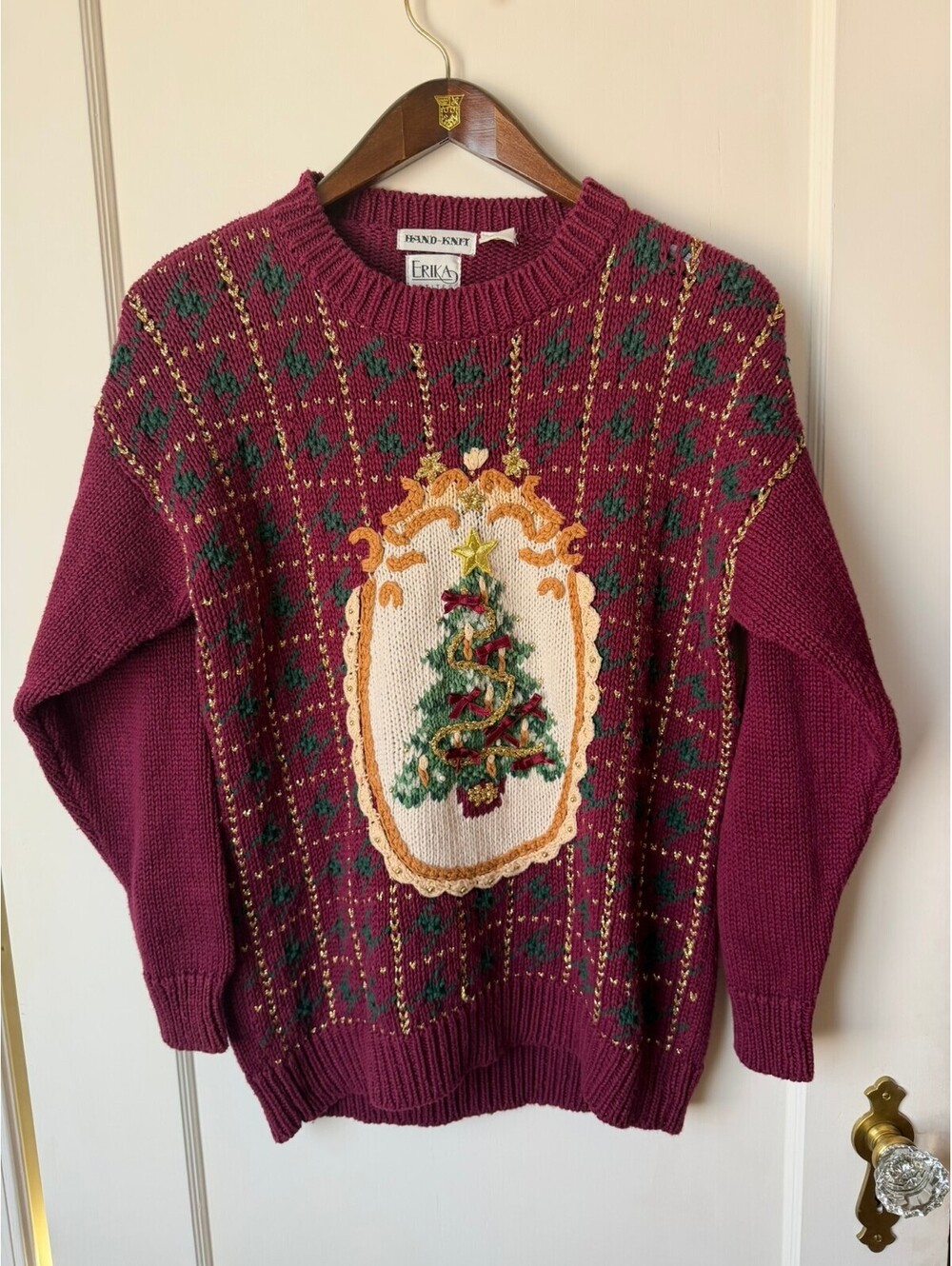 Vintage 90s Hand Knit by Erika Christmas Tree Sweater Holiday Novelty